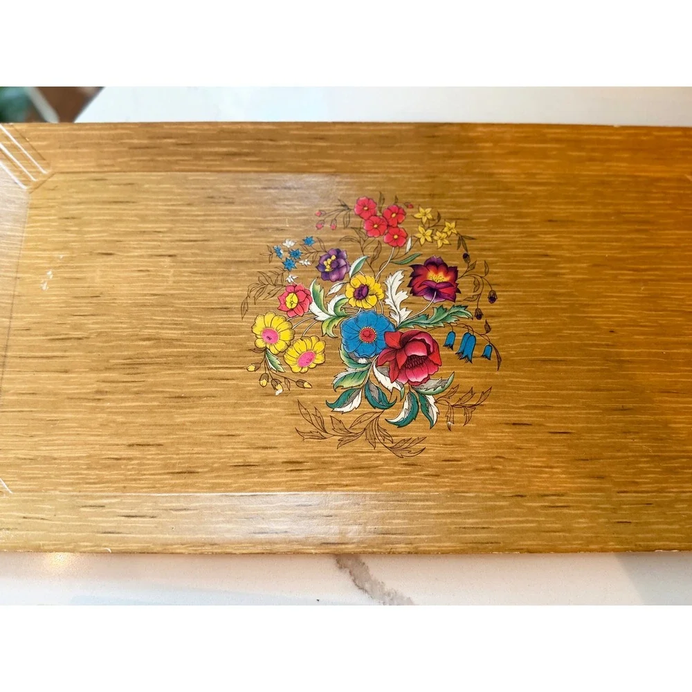 Vintage Hasko De Luxe Lap Tray Mid Century Faux Wood Floral Lithograph MCM 16x8